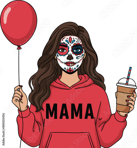 Modern Mama in Red Hoodie with Sugar Skull Face Paint, Holding a Red Balloon and Iced Coffee, Representing the Trendy Day of the Dead Motherhood Concept.