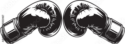 Print Black and white vector illustration of two boxing gloves facing each other in a balanced composition. Clean line art with strong contrast, representing competition and combat sports. Isolated on