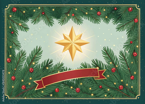 christmas background with fir branches and christmas tree