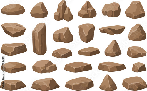Cartoon stone and brown rock, 3D boulders and pebbles, pile of rubble and debris, isolated natural landscape elements, mountain cliff and rocky terrain vector art and illustration 