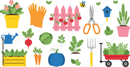 Gardening tools and plants vector set with vegetables flowers gloves watering can fence and garden accessories in colorful flat illustration style