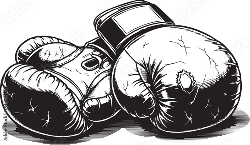 Print Black and white vector illustration of worn boxing gloves with visible creases and texture. Detailed monochrome line art showing intensity, experience, and toughness in combat sports. Isolated o