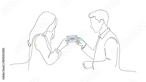 A Tender Exchange: A line art depicts a couple exchanging a love letter, sharing a moment of intimacy and affection, symbolizing a bond of tenderness and romance.