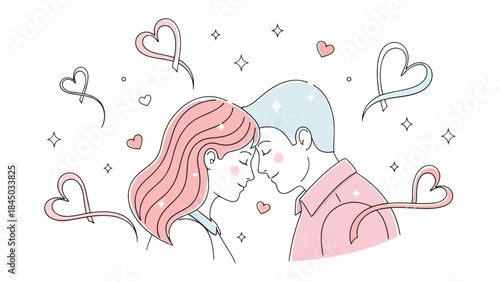 Love's Gentle Embrace: A tender moment shared between two souls, their heads close together amidst a cascade of hearts, symbolizing the delicate beauty of love and romance.
