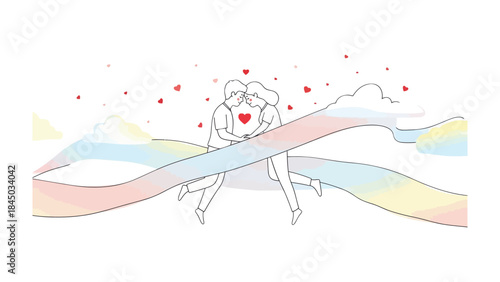 Embracing Romance: A tender embrace unfolds between two figures amidst a cascade of hearts, symbolizing the beginning of their romantic journey, capturing the essence of affection and togetherness.