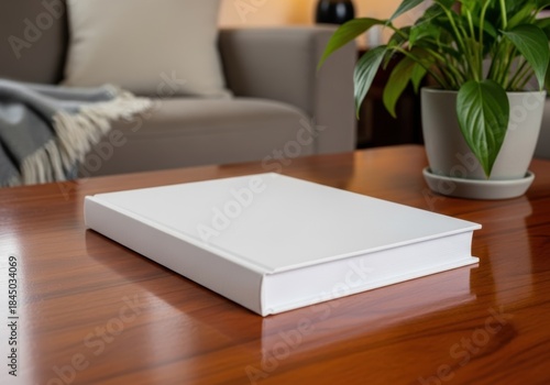 Clean white book resting on a polished wooden coffee table with a plant