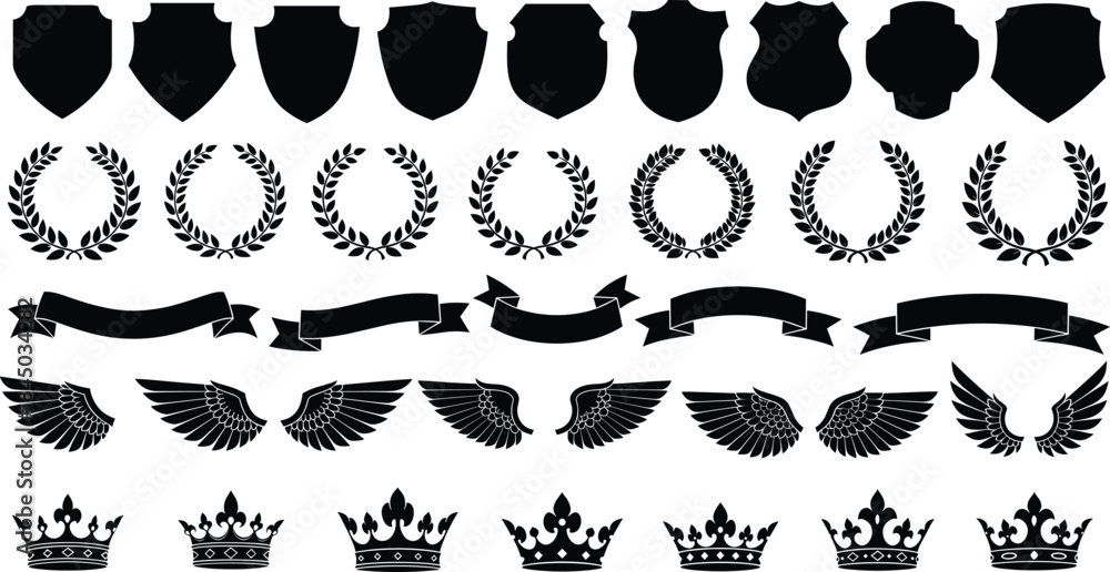 Obraz premium Heraldic silhouette collection with shields laurel wreaths banners wings and crowns, classic black emblem vector elements for logos awards and badges
