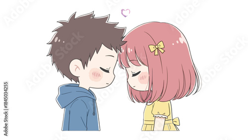 Gentle Embrace of Affection: Tender cartoon illustration of a couple in a sweet moment, their foreheads touching under a delicate purple heart, a heartwarming display of love and connection.