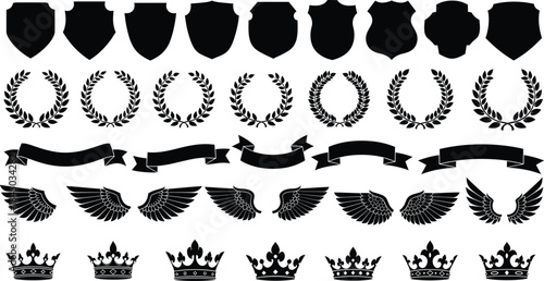 Heraldic silhouette collection with shields laurel wreaths banners wings and crowns, classic black emblem vector elements for logos awards and badges