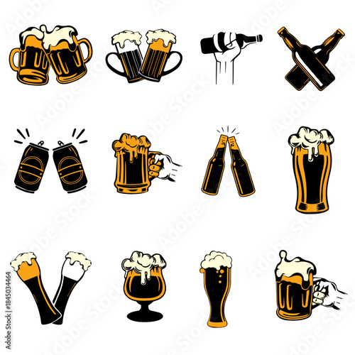 Collection of black and white icons representing beer bottle can and glasses
