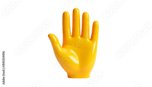 Glossy, bright yellow open hand, palm facing forward, against a solid black background