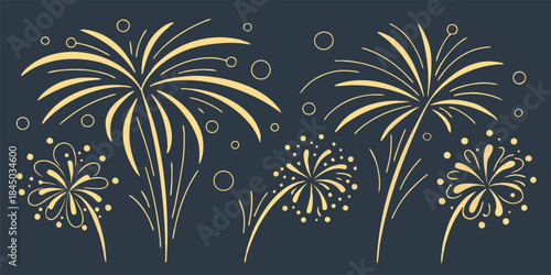 Four stylized illustrations of fireworks are displayed horizontally across the image. The fireworks are rendered in a simple, hand-drawn style with a warm gold or yellow color against a solid, dark ch