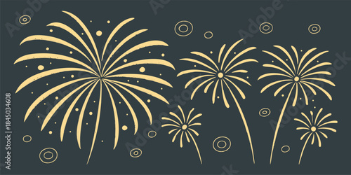 Four stylized illustrations of fireworks are displayed horizontally across the image. The fireworks are rendered in a simple, hand-drawn style with a warm gold or yellow color against a solid, dark ch
