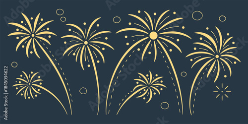 Four stylized illustrations of fireworks are displayed horizontally across the image. The fireworks are rendered in a simple, hand-drawn style with a warm gold or yellow color against a solid, dark ch