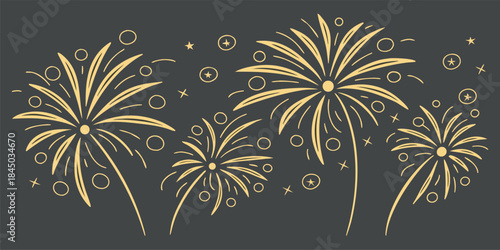 Four stylized illustrations of fireworks are displayed horizontally across the image. The fireworks are rendered in a simple, hand-drawn style with a warm gold or yellow color against a solid, dark ch