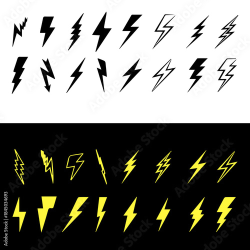 Black and coloring icons of thunder and flash lighting on a white background