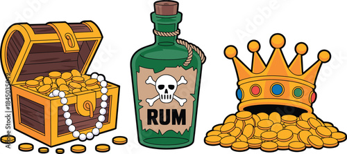 Vector Illustration Set of Pirate Treasure Chest Filled with Gold Coins, Poison Rum Bottle, and Royal Crown, Symbolizing Wealth and Adventure