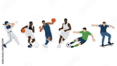 Set of vector illustrations featuring diverse athletes playing baseball, basketball, soccer, and skateboarding in action poses 
