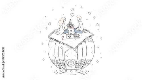 Romantic Picnic Illustration: An illustration capturing a romantic picnic setting on a floating platform. A couple enjoys food and beverages together with a backdrop of hearts and stars.