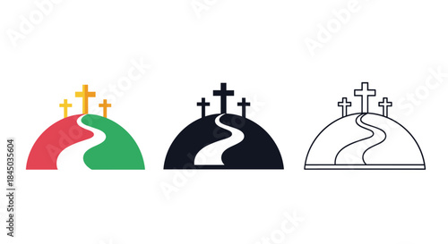 A set of three icons depicting Calvary hill with crosses and a path in colorful silhouette and outline styles for church logos.