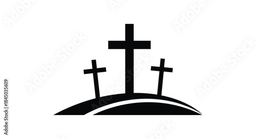 A simple and powerful black silhouette icon of three crosses on Calvary hill representing the crucifixion and christian faith.