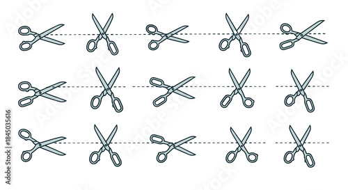 A large set of scissor icons cutting along a dotted line to indicate a cut-out line for coupons crafts or documents.