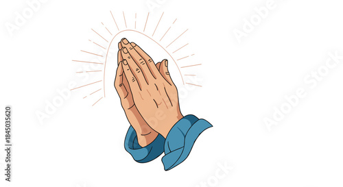 A detailed illustration of two hands pressed together in prayer with shining light rays representing faith hope and spirituality.