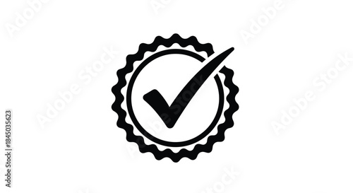 A black quality seal or guarantee badge icon with a check mark inside representing certification approval and high standards.