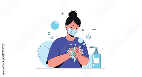 A woman wearing a medical face mask and washing her hands with soap to prevent the spread of viruses and maintain hygiene.