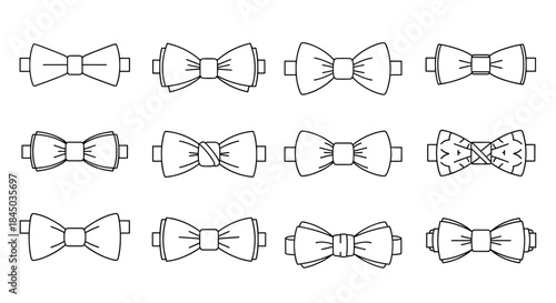 A collection of twelve different bow tie icons in a clean black and white outline style for fashion and formal wear designs.