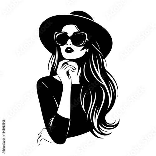 Black silhouette of a woman wearing sunglasses and a hat with her hand on her chin isolated on white background