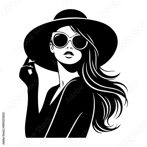 Black silhouette of a woman wearing sunglasses and a hat touching the brim isolated on white background