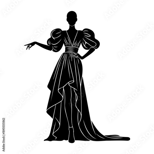 Black silhouette of a woman in a long dress isolated on white background