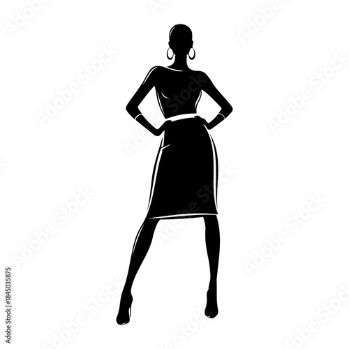 Silhouette of confident woman in dress isolated on white background standing strong