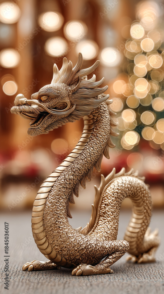 Obraz premium Chinese New Year symbol - golden dragon on festive New Year background with lights.