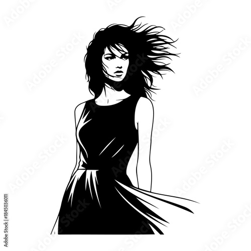 Black and white illustration of a woman in a flowing dress isolated on white background