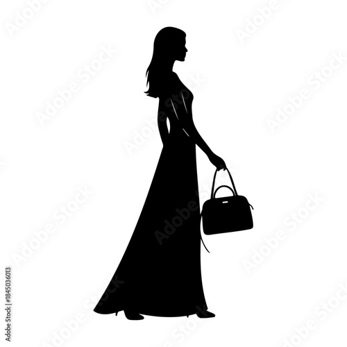 Silhouette of woman in long dress holding a handbag isolated on white background