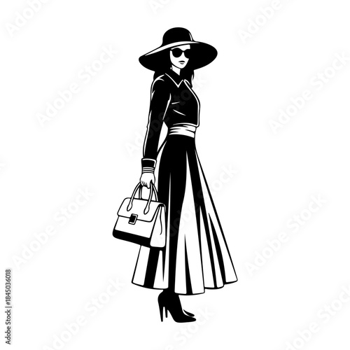 Fashionable woman in black outfit with hat and handbag isolated on white background