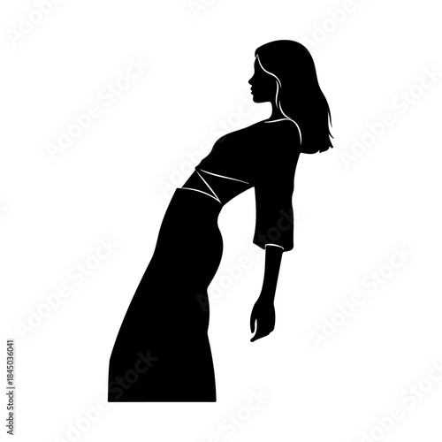 Silhouette of a woman in a dress with white outline on pure white background
