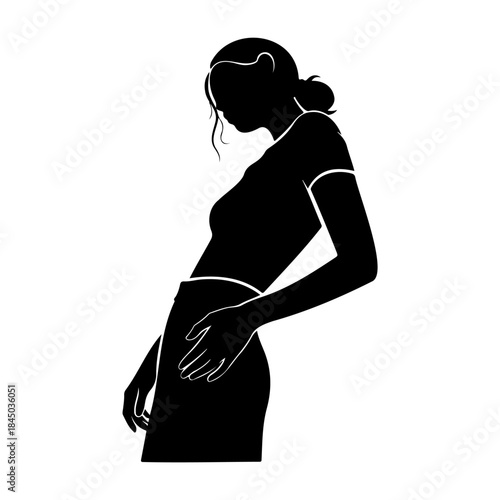 Pregnant woman silhouette isolated on white background touching belly
