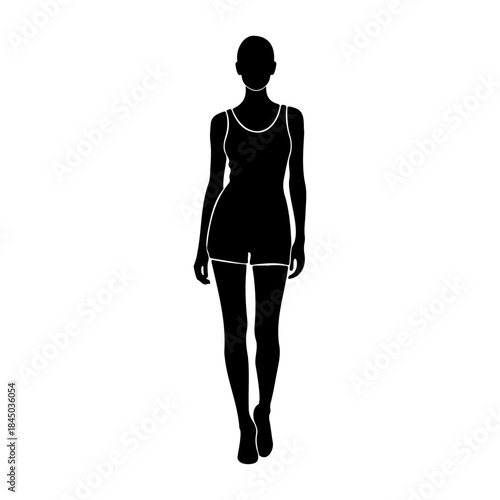 Black silhouette of a woman wearing a dress isolated on white background