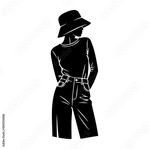 Black silhouette of a woman wearing a hat isolated on white background
