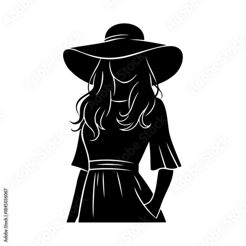Black silhouette of a woman wearing a wide brim hat isolated on white background