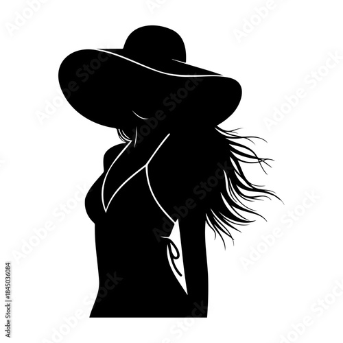 Silhouette of a woman wearing a large hat isolated on white background
