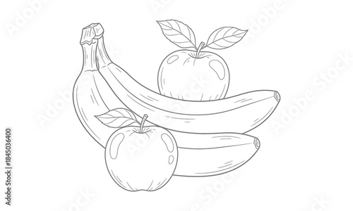 Line art drawing of fresh ripe bananas and apples with leaves