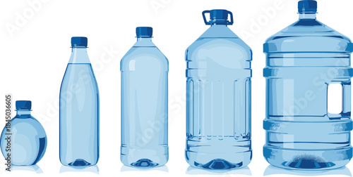 Plastic water bottles sizes illustration, drinking containers set from small to large isolated white background
