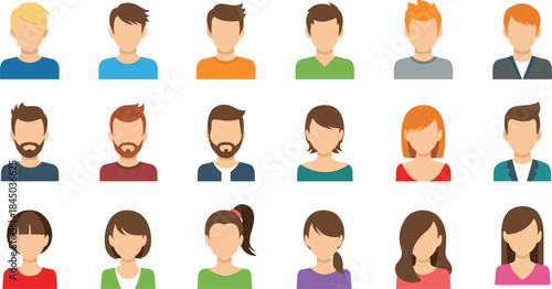 Flat avatar people icons set, diverse male female user profile faces illustration for apps websites
