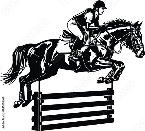 Equestrian show jumping illustration, rider and horse clearing fence dynamic sport silhouette isolated vector