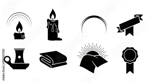A collection of black silhouette icons featuring candles, a candlestick, a blanket, a sun, an arc, a ribbon banner, and a medal.