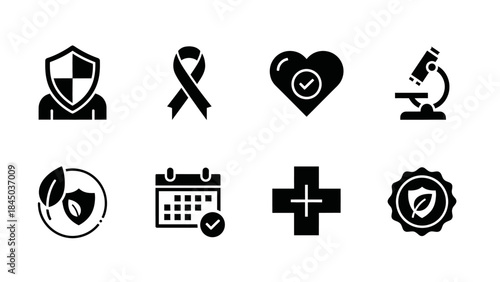 Diverse black silhouette icons for health, protection, medical research, and natural wellness, including symbols for awareness and appointments.
